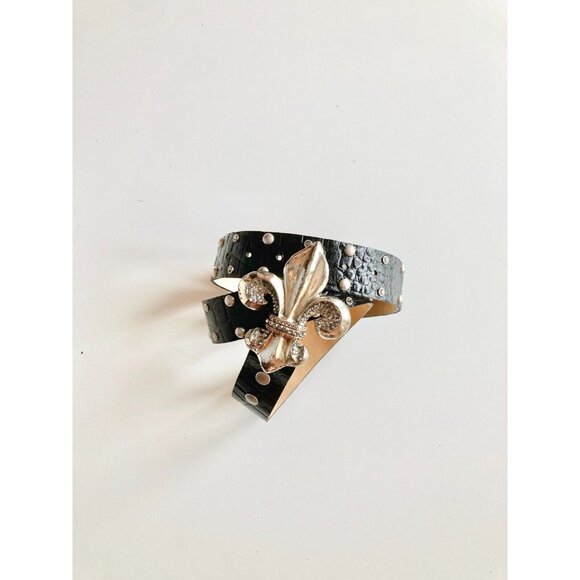 LEATHEROCK USA Black Croc Studded Rhinestone Fleur De Lis Hip Belt, Size L36 - Picture 2 of 13